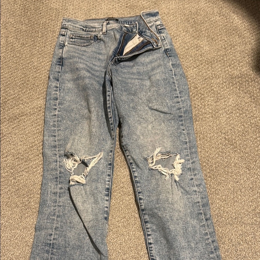 Blue Straight Leg Jeans with Distressed Details